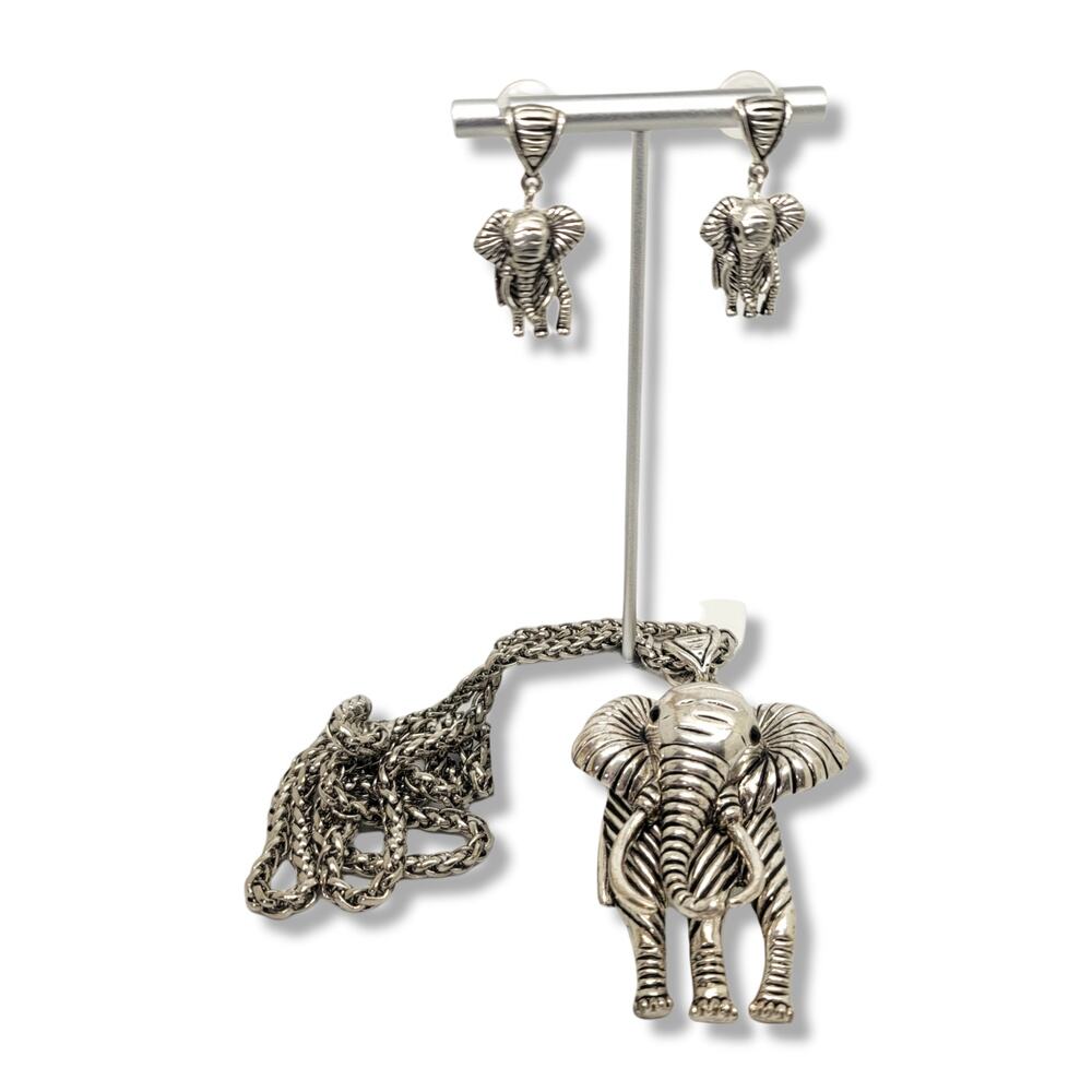 Vintage Black Crystal Sterling Silver Plate African Elephant Pendant Earring set